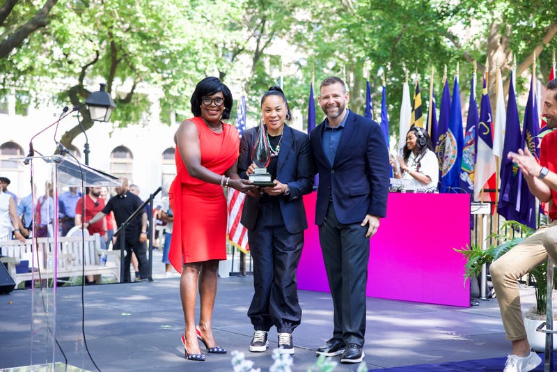 Mayor Cherelle Parker presents the One Philly Award to Dawn Staley at the Celebration of Freedom event on July 4, 2024.