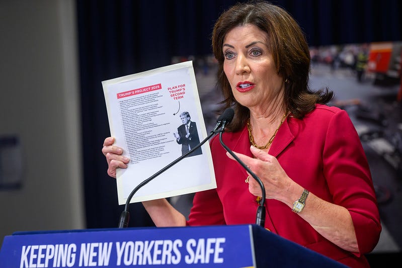 At a press conference on Thursday, Gov. Kathy Hochul stated her support for President Joe Biden's reelection campaign by pointing attention to the "exsisential threat" of former President Donald Trump winning the presidency come November.