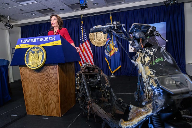 Gov. Kathy Hochul signs legislation to encourage the safe use of e-bikes and lithium-ion batteries on July 11, 2024.
