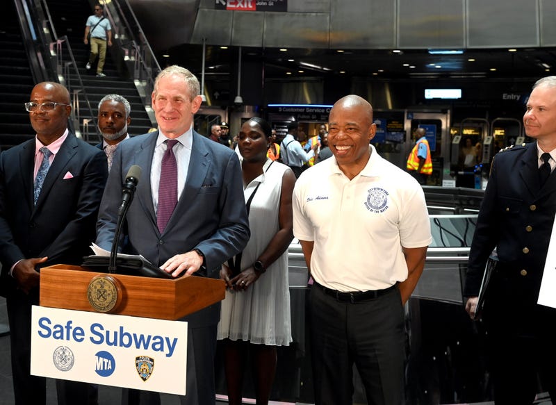 Mayor Eric Adams and MTA chairman Janno Lieber hold a news conference at the Fulton Center subway station on July 17, 2024
