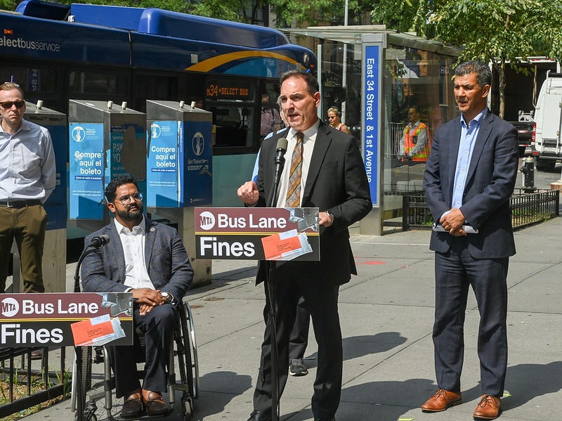 MTA NYC Transit Senior VP of Buses Frank Annicaro, NYC DOT Commissioner Ydanis Rodriguez and MTA Chief Accessibility Officer Quemuel Arroyo hold a press conference in Manhattan on Aug. 15, 2024 to announce that ACE aboard buses will start issuing fines to drivers who impede bus flow.