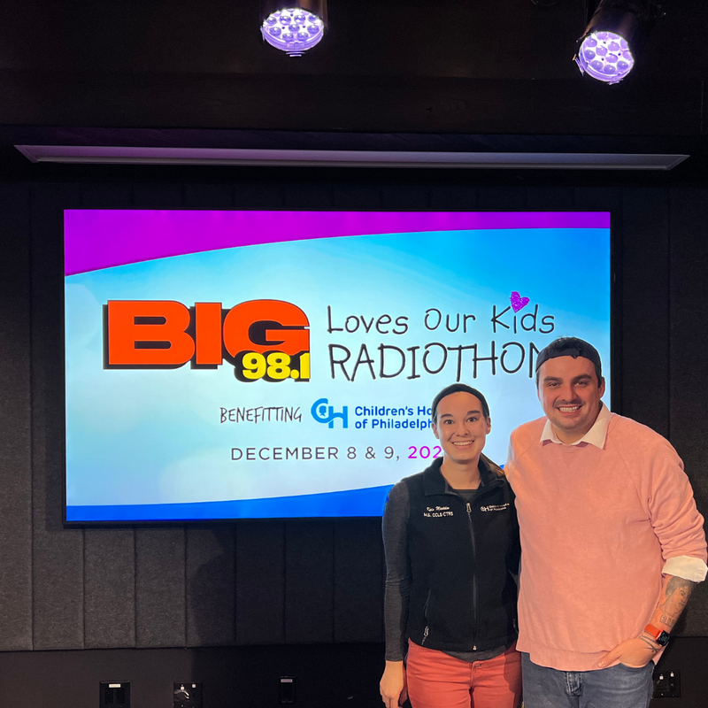 Kyla, Child Life Specialist at CHOP with Coop at 21st Annual BIG 98.1 Loves Our Kids Radiothon