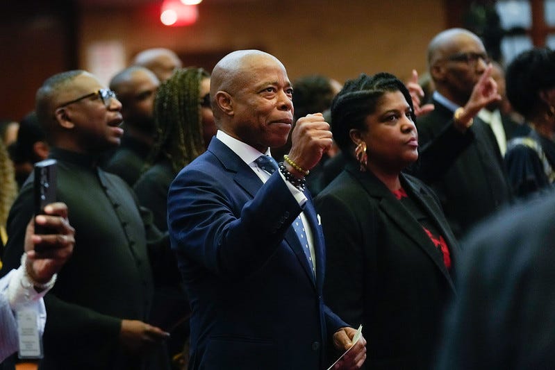 Mayor Eric Adams delivers remarks at the Greater Allen African Methodist Episcopal (AME) Cathedral Church of New York’s celebration for the installation of Rev. Stephen Green in Queens on Sept. 28, 2024