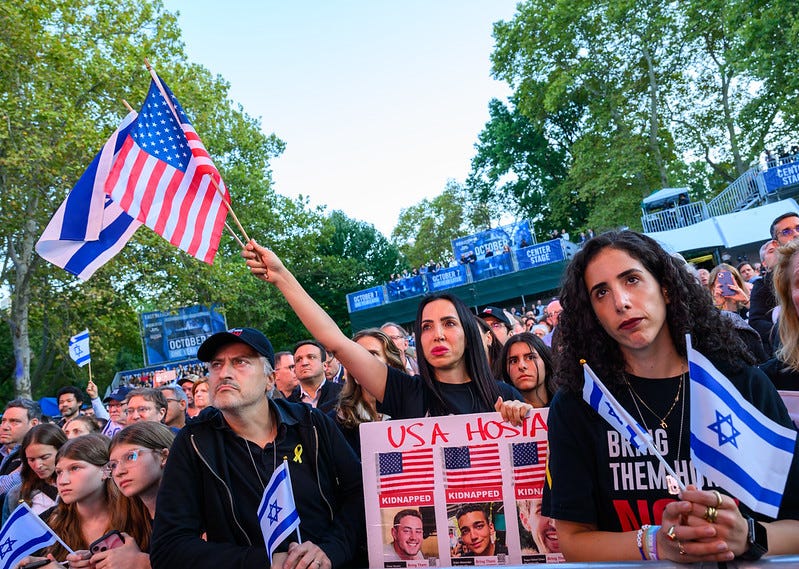 A large crowd gathers to commemorate one year since the Oct. 7 Hamas terror attack on Israel in Central Park.