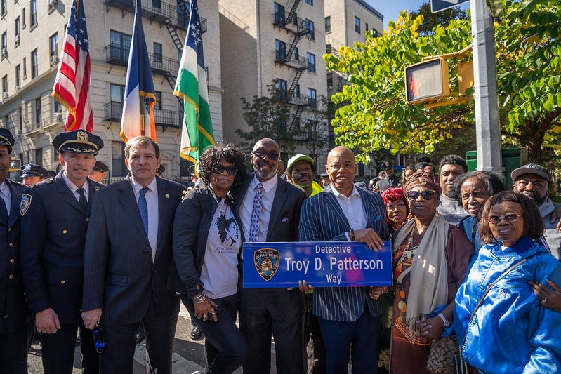 Mayor Eric Adams delivers remarks at a street co-naming in memory of Detective Troy Patterson in Brooklyn on Saturday, Oct. 12, 2024.