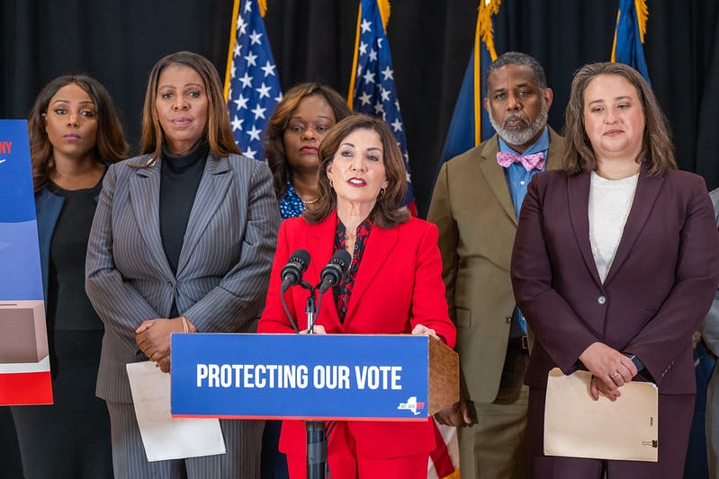 Gov. Kathy Hochul and Attorney General Letitia James on Monday provided an update on nonpartisan efforts to protect voting rights and public safety across New York State during the 2024 elections.