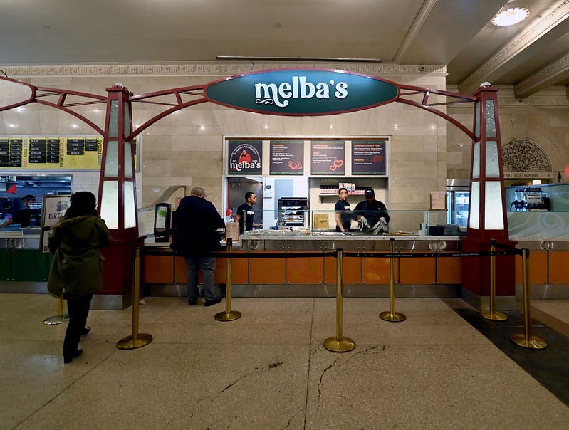 Melba's Restaurant, originally in Harlem and owned by Melba Wilson, extended to Grand Central Terminal.