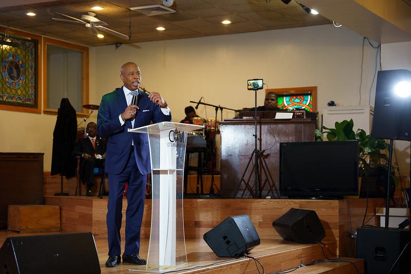 New York City Mayor Eric Adams delivers remarks at Maranatha Baptist Church’s Black History Month Sunday service in Queens on Sunday, Feb. 16, 2025.
