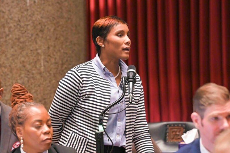 State Rep. Raychel Proudie, a Democrat from Ferguson, speaks on the House floor in February