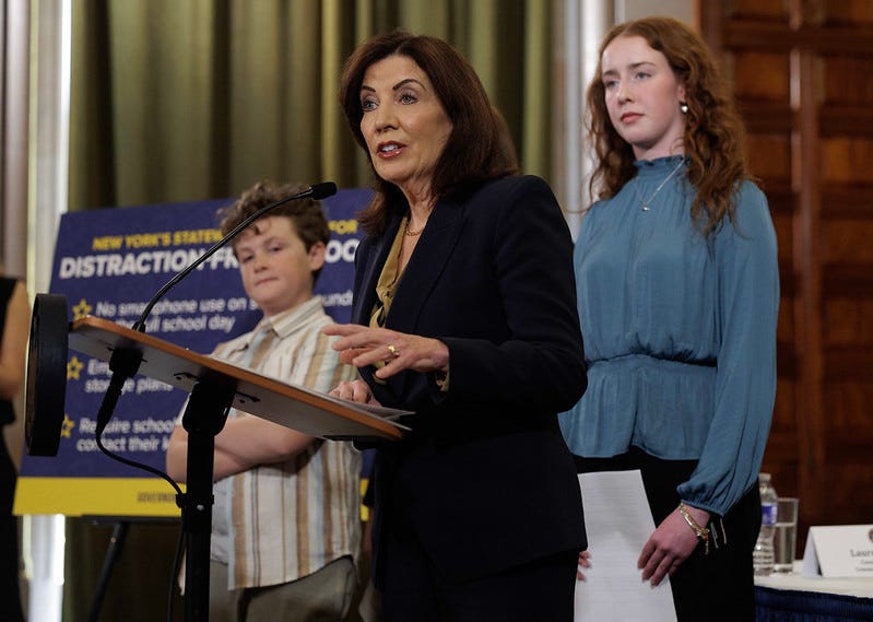 Gov. Kathy Hochul convenes a Youth Mental Health Roundtable and makes a distraction-free schools announcement in the Red Room at the State Capitol.