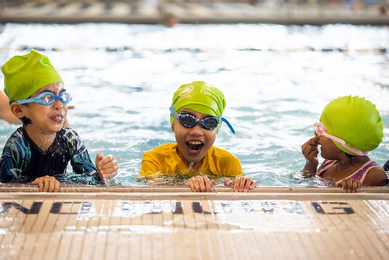 Mayor Eric Adams and NYC Parks Commissioner Sue Donoghue outlined the administration’s expansion of free swimming classes to more students in underserved areas at the Flushing Meadows Corona Park Aquatic Center Road in Flushing on March 25, 2025.