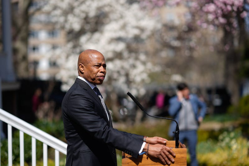 Mayor Eric Adams addresses the city outside of Gracie Mansion on April 2, 2025