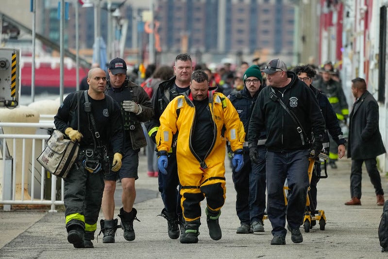 New York City first responders on the scene after a helicopter crash on the Hudson River on Thursday, April 10, 2025.