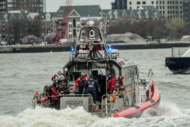 New York City first responders on the scene after a helicopter crash on the Hudson River on Thursday, April 10, 2025.