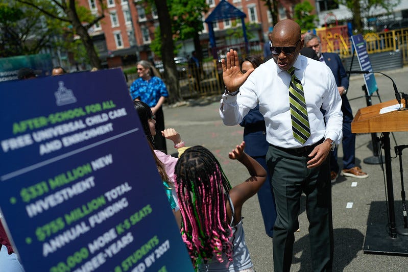 Mayor Eric Adams announces the new "After-School for All" program, an investment in universal after school programs for the city's youth at P.S. 20 in Manhattan on Tuesday, April 29, 2026.
