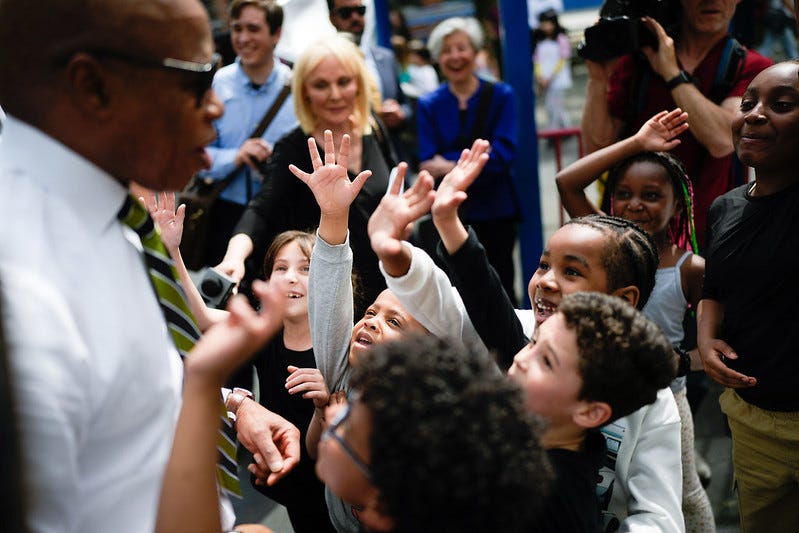 Mayor Eric Adams announces the new "After-School for All" program, an investment in universal after school programs for the city's youth at P.S. 20 in Manhattan on Tuesday, April 29, 2026.