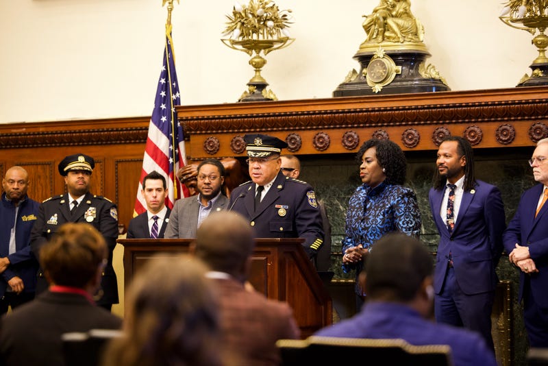 Police Commissioner Kevin Bethel leads a press conference at City Hall