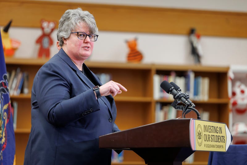 Pennsylvania Education Secretary Carrie Rowe speaks at a high school in Dauphin County, Pennsylvania last year.