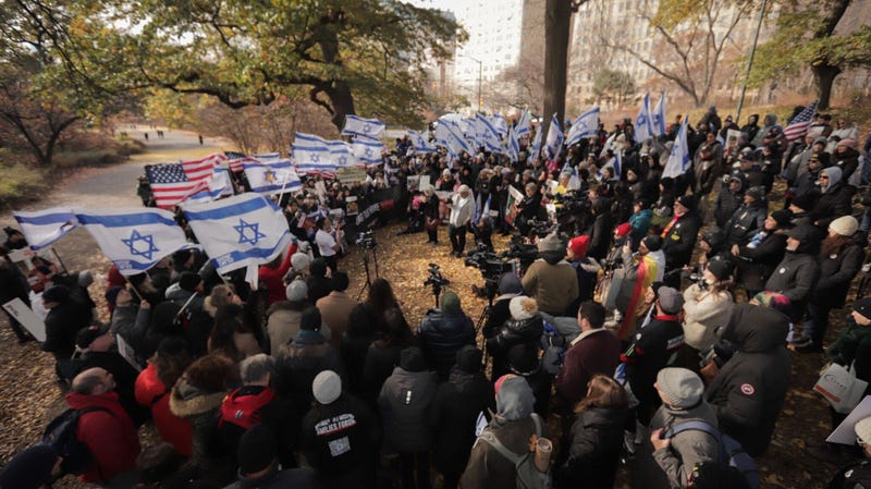 Protesters demand the release of Hamas-held hostages in Central Park on Dec. 1, 2024