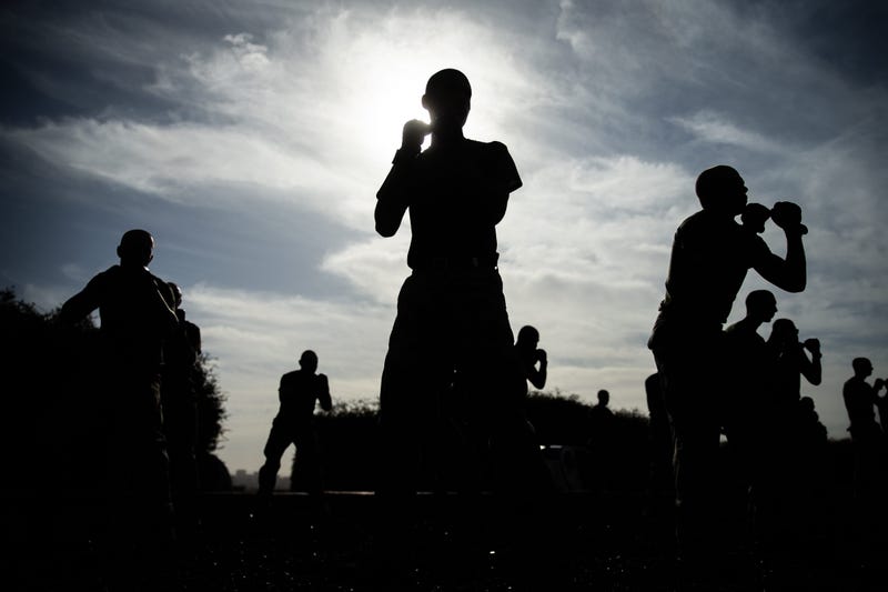 Recruits with Kilo Company, 3rd Recruit Training Battalion, participate in a Marine Corps Martial Arts training session