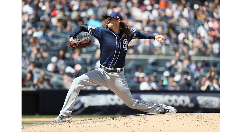 MAY 27: Matt Strahm #55 of the San Diego Padres pitches against the New York Yankees during their game at Yankee Stadium on May 27, 2019 in New York City. (Photo by Al Bello/Getty Images)
