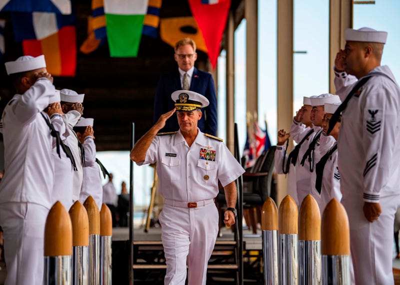 Adm. John C. Aquilino, Commander, U.S. Pacific Fleet, and Acting Secretary of the Navy Thomas B. Modly, depart the stage 