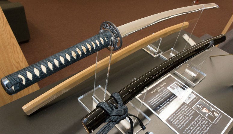 An exhibit featuring the samurai-style sword of Lt. Col. Richard Sakakida, a Japanese American U.S. Army Counter Intelligence Corps agent who served in the U.S. Army during World War II .