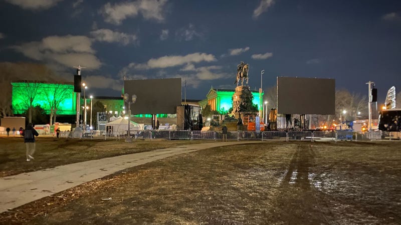 Eagles victory parade preparations along the Benjamin Franklin Parkway