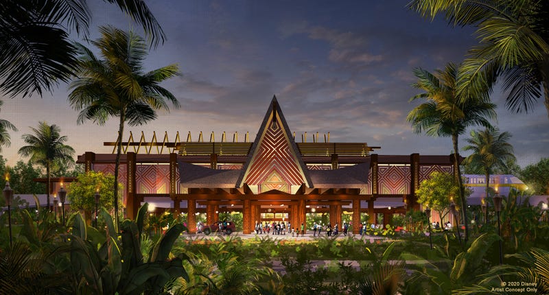 This artist rendering highlights the dramatic new porte cochere in development for Disney’s Polynesian Village Resort at Walt Disney World Resort in Lake Buena Vista, Fla. 