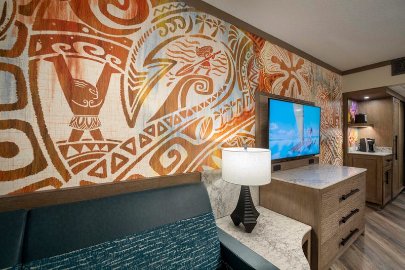 A guest room inside Disney’s Polynesian Village Resort at Walt Disney World Resort in Lake Buena Vista, Fla., features wallpaper inspired by the Walt Disney Animation Studios film “Moana.” 