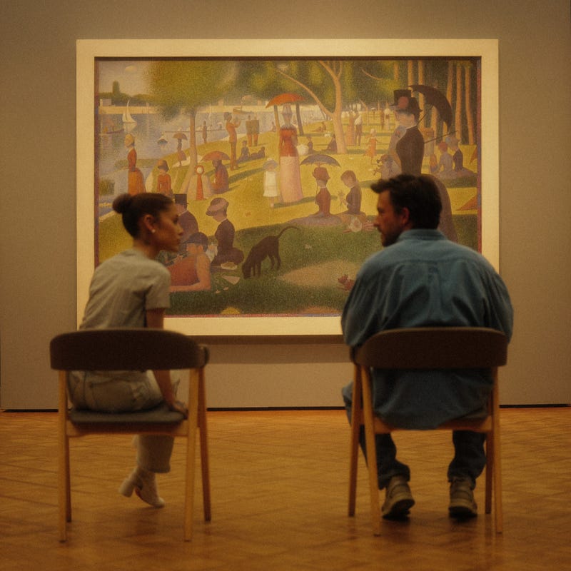 Ariana Grande and Jonathan Bailey pose for a photo in front of Georges Seurat's painting “A Sunday on La Grand Jatte" at the Art Institute of Chicago. The two are set to star in a 2027 revival of the Stephen Sondheim and James Lapine musical in London. 
