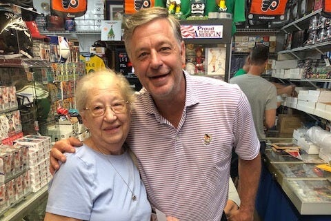 Philadelphia Sports Fan of the Week Barbara Trucksess is shown with former Phillies pitcher Jamie Moyer.
