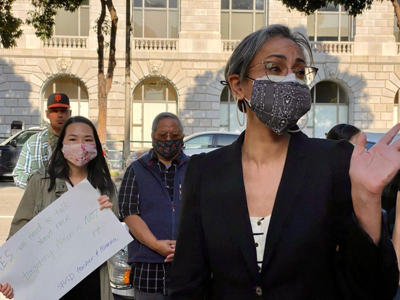 San Francisco Board of Education's Alison Collins at a rally held on her behalf in late March.