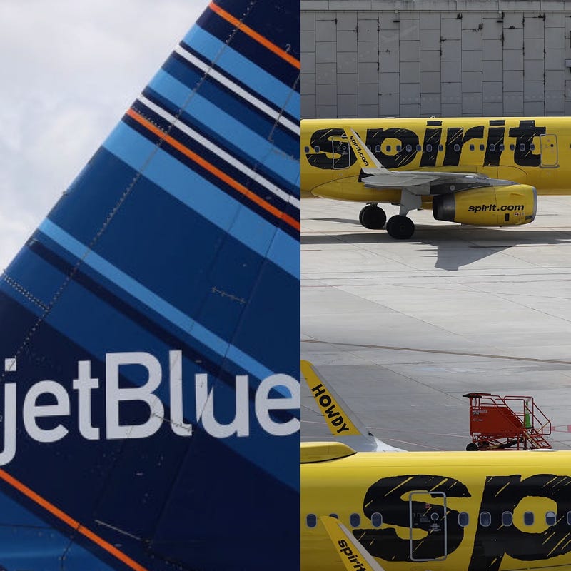 JetBlue and Spirit Airlines planes on runways.