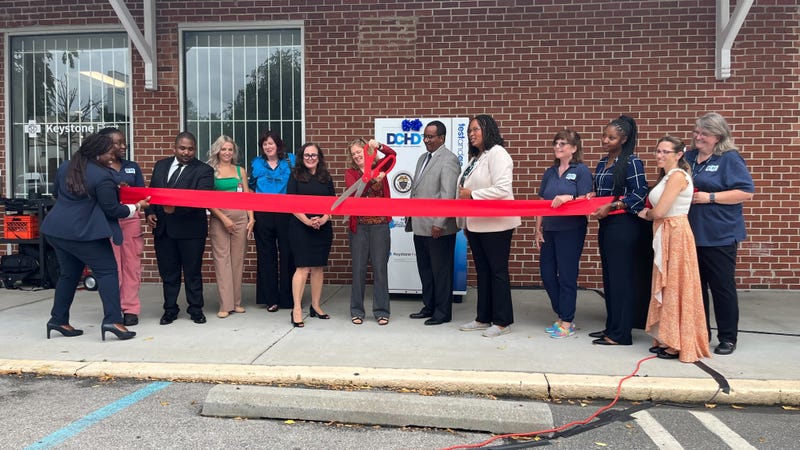 Delaware County officials cut the ribbon for a new health supply kiosk in front of the Keystone First building in Chester, Pa. on Wednesday, Sept. 18, 2024.