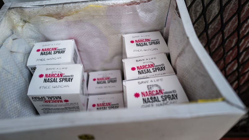 A free Narcan dispenser stands along Kensington Avenue in a high drug and crime area on May 8, 2024, in Philadelphia.