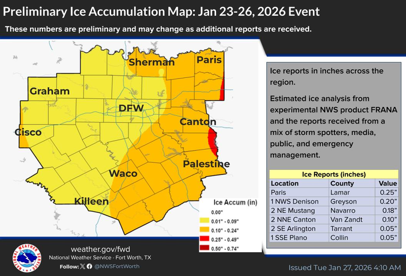 Ice accumulation for North Texas from Jan. 23-26, 2026.
