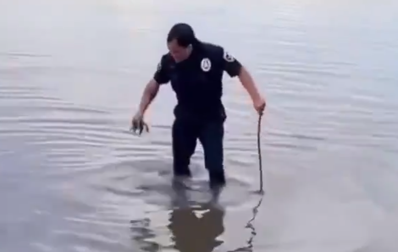 Officer Gibbs helps clear drain from flooded roadway