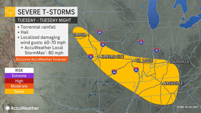 graphic of towns likely to have storms Tuesday including Kansas City, St. Louis, and Nashville
