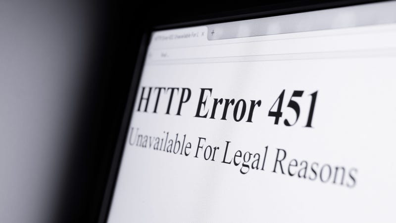 Net Neutrality, HTTP error 451 Unavailable For Legal Reasons - Shining computer screen in dark space - censorship and blocking internet pages because of objectionable content. Possibility of misuse (lack of freedom)