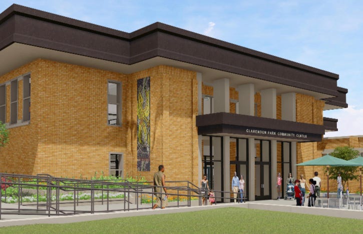 Illustration of community center on sunny day