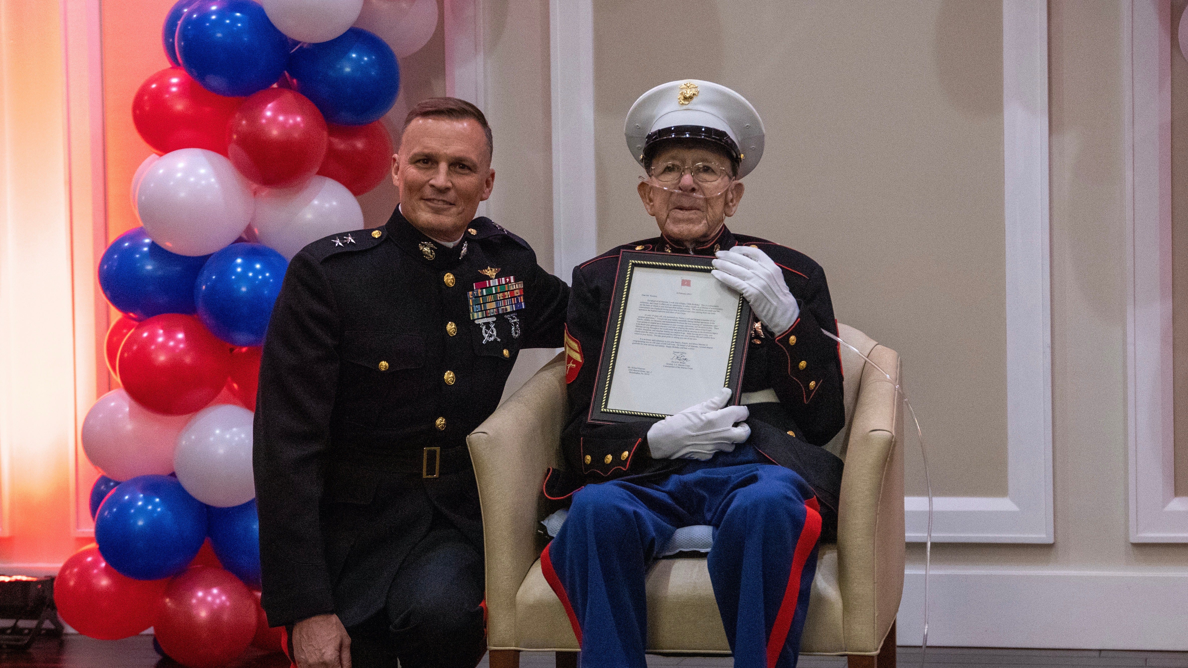 Marine veteran Roland Scarinci celebrates his 100th birthday
