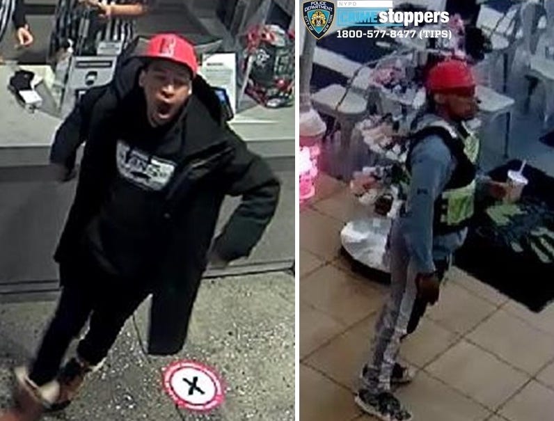 Police said surveillance images show the suspect at a Footlocker on W. 34th Street a day after the attack (left) and at a Journeys on W. 14th Street about an hour after the attack (right)