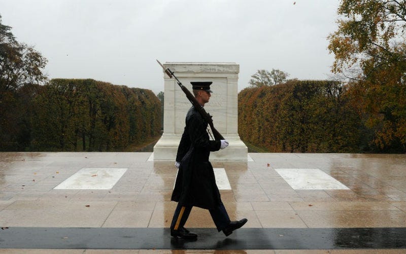 Severe weather doesn't deter Tomb Sentinel from doing sacred duty at Tomb of the Unknown Soldier at Arlington National Cemetery.
