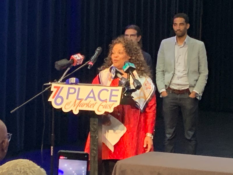 Catherine Hicks, president of the Philadelphia branch of the NAACP speaks at String Theory Charter School announcing the branch's support of the Sixers' arena at Market East.
