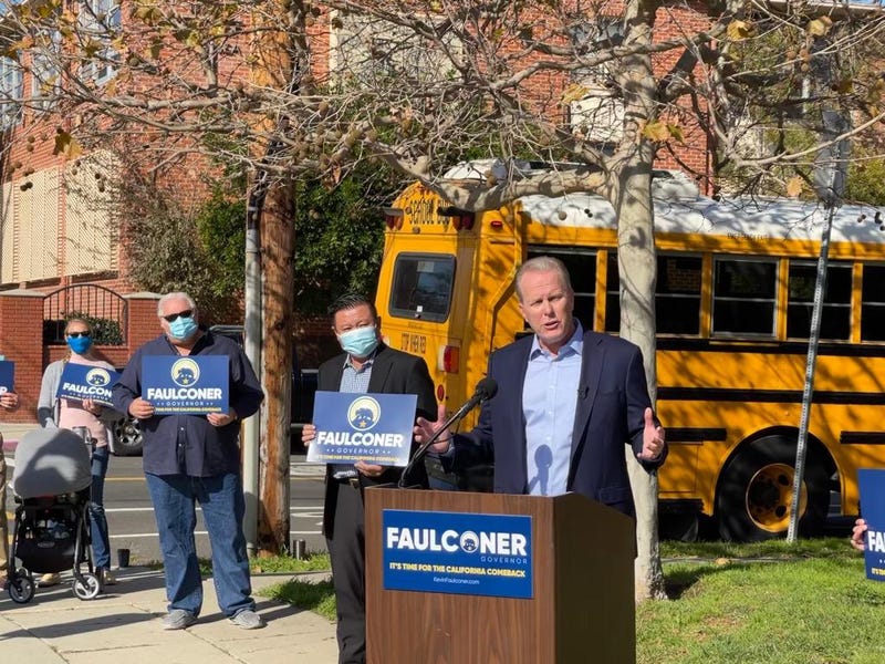 Kevin Faulconer formally announces his candidacy for California's governor Tuesday. He made the announcement in front of two schools - one private with students able to attend class, and the other an empty public school closed because of the pandemic.