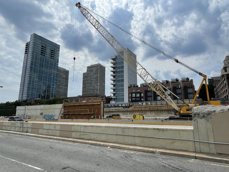 Abutment and pier construction along Front Street for CAP construction, July 2024.