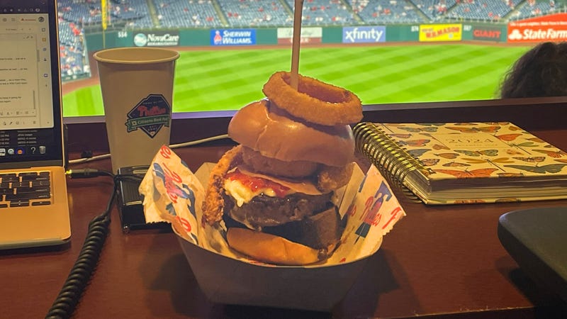 KYW's Dave Uram sampled the legendary SchwarBurger at Tuesday's Phillies game against the Marlins.