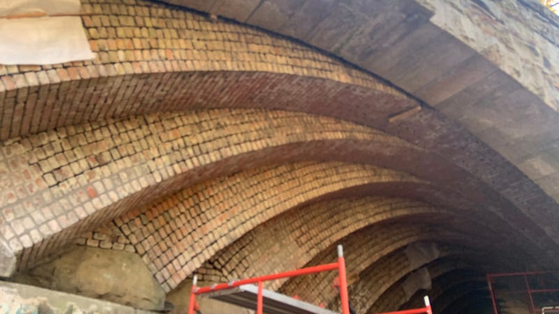 The Skew Arch Bridge is constructed of 14 individual brick ribs, set at a 30 degree skew