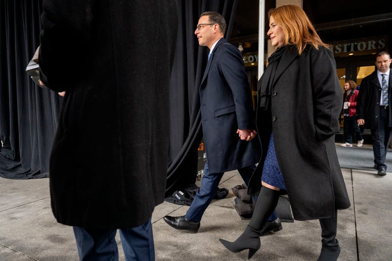 Josh Shapiro, who has hired close allies to advise him as governor, leaves the Capitol with his wife Lori before being sworn in.